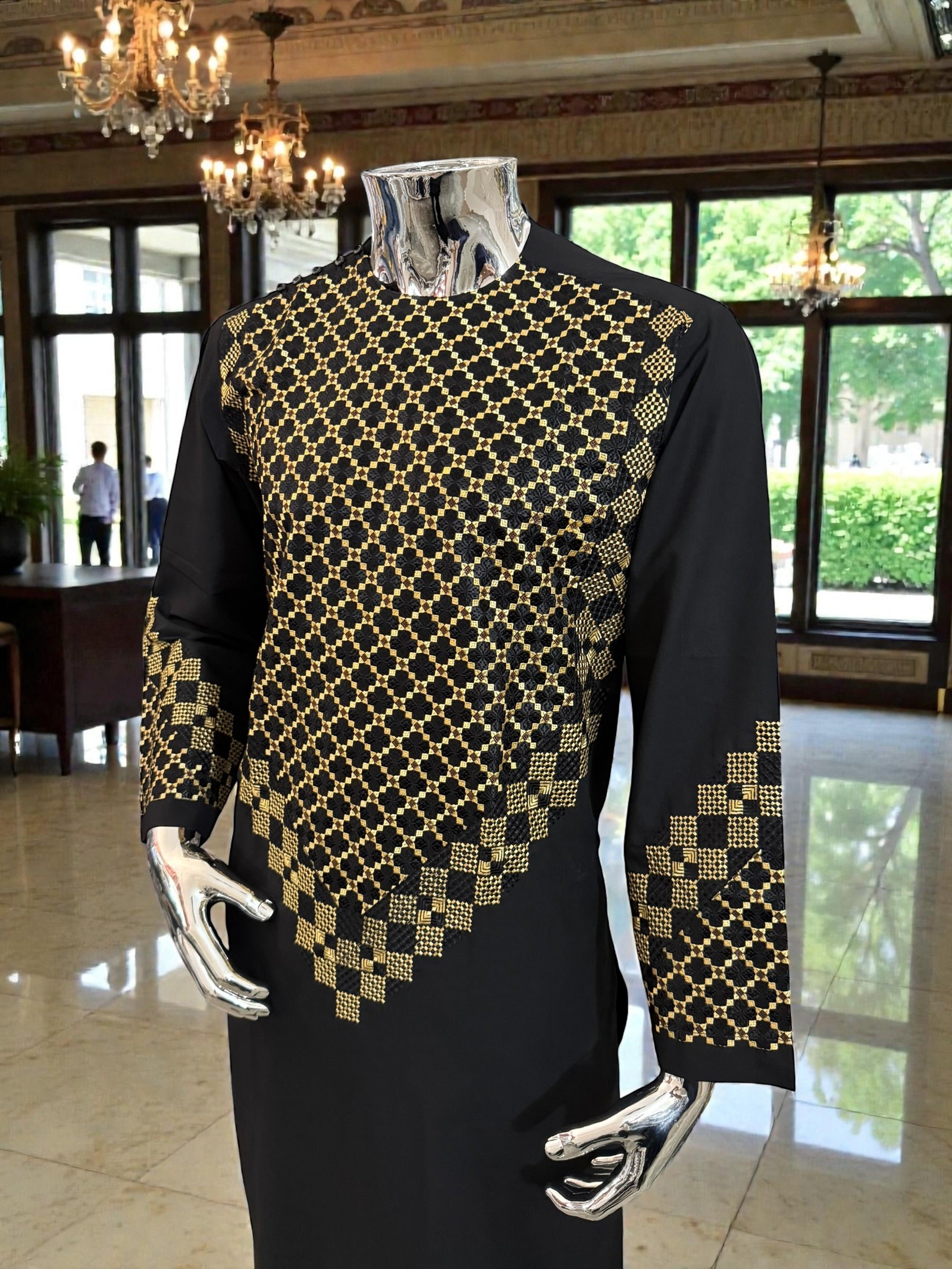 Small Black Afghan Kameez with Gold & Black Embroidery | Premium Traditional Men’s Outfit
