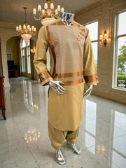 Small Men’s Golden Parahan Tumban with Bronze Geometric Embroidery – Afghan Traditional Outfit