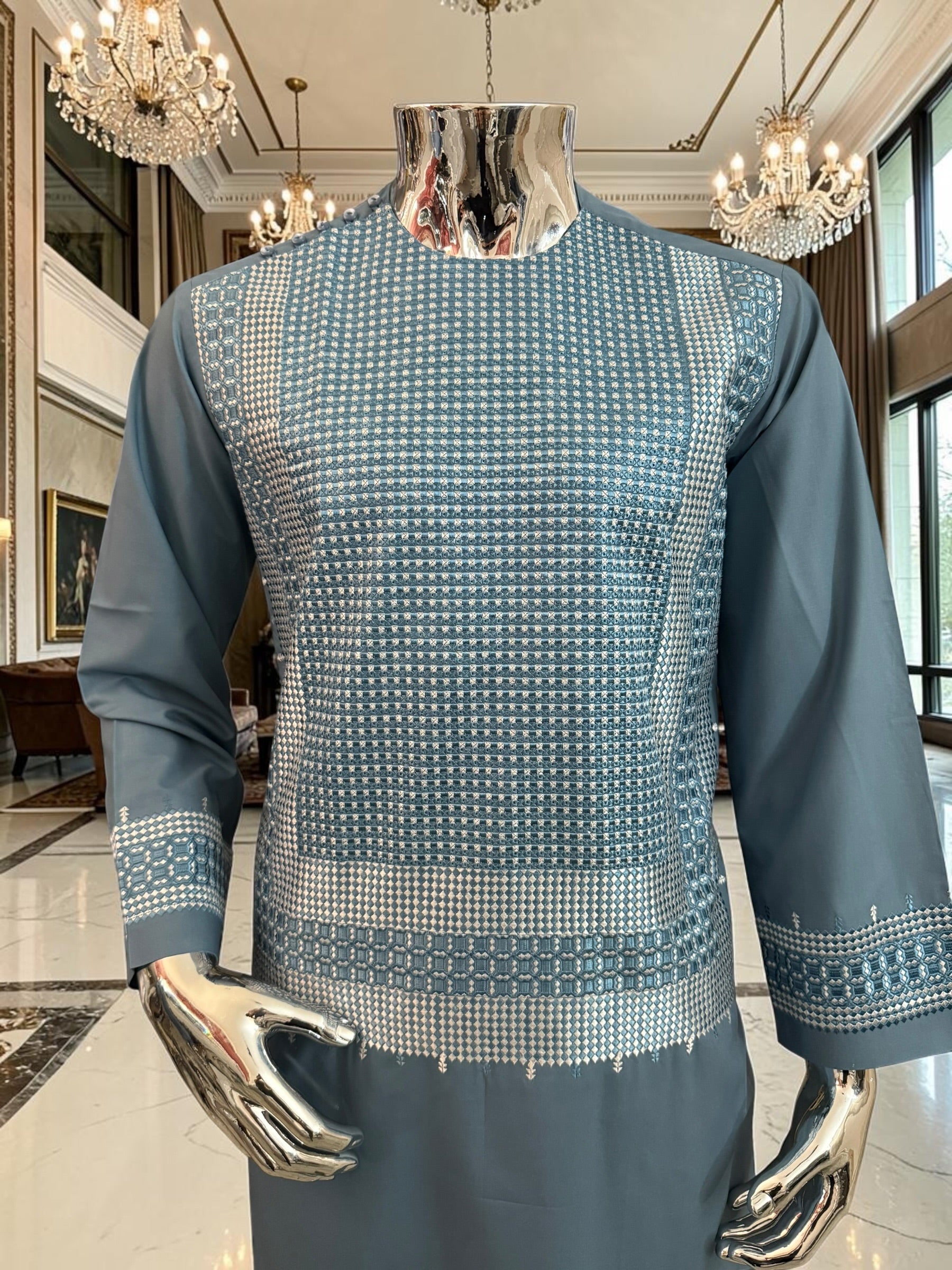 Small Steel Blue Embroidered Men’s Shalwar Kameez Set Yakhandozi | Premium Traditional Wear