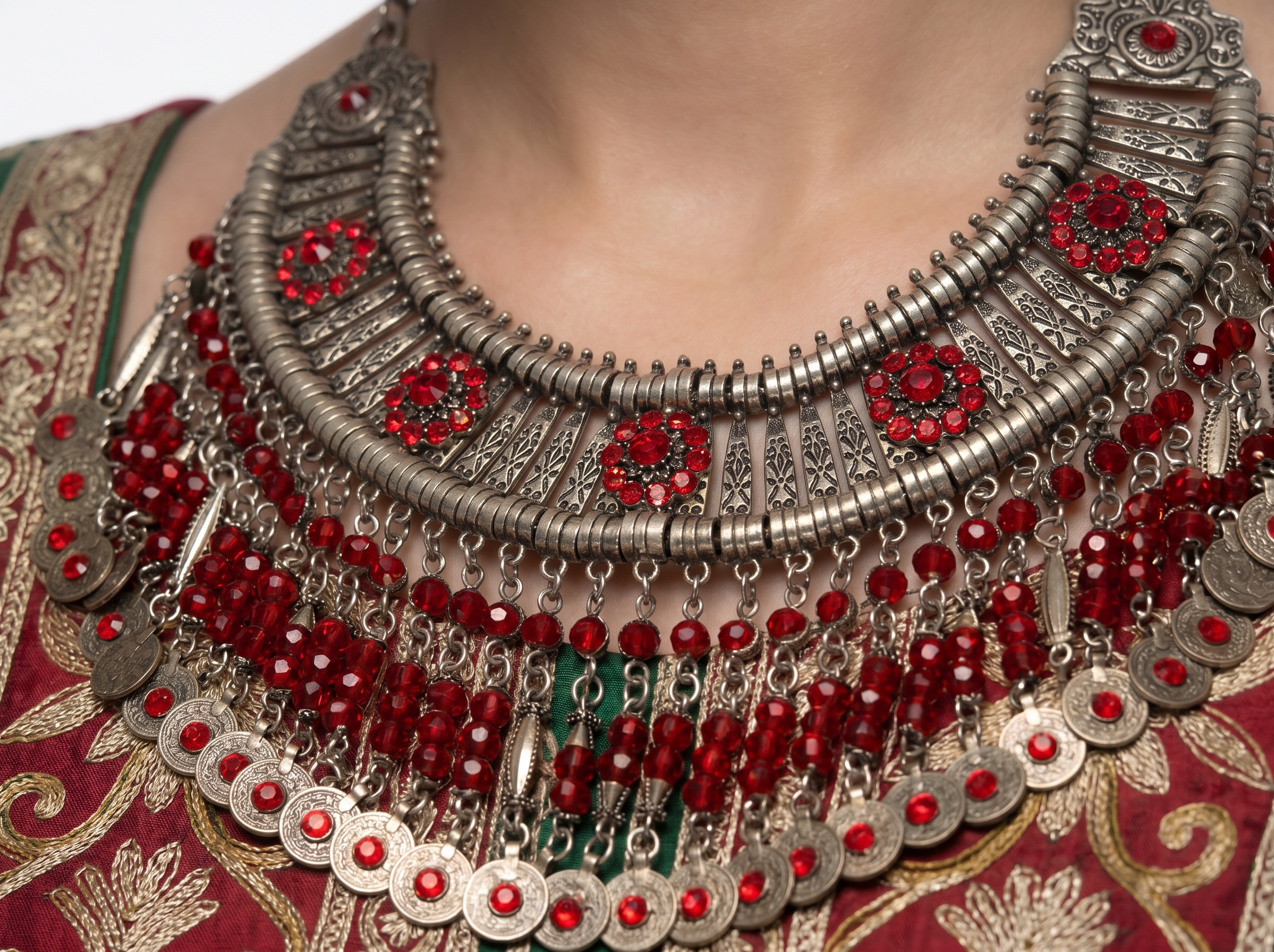 Handmade Afghan Traditional Tribal Statement Necklace Set for Women – Vintage Silver Tone Necklace & Matching Earrings with Red Stones | Boho Ethnic Jewelry