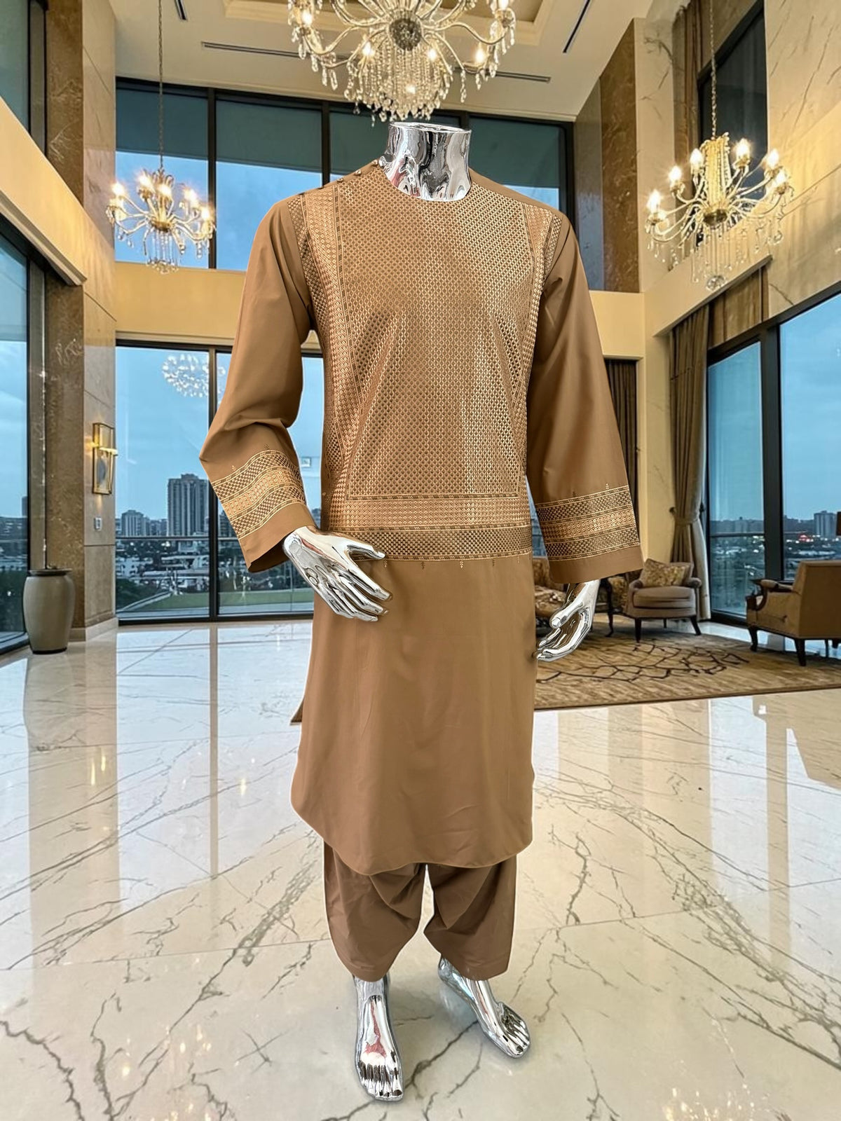 Medium Men’s Premium Camel Brown Parahan Tunban – Luxury Machine Embroidery Afghan Outfit