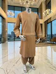 Medium Men’s Premium Camel Brown Parahan Tunban – Luxury Machine Embroidery Afghan Outfit