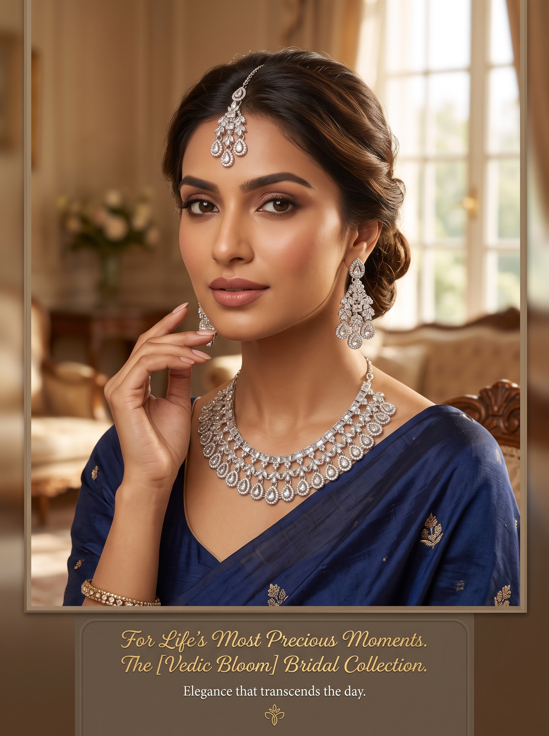 Silver-Tone AD Bridal Necklace Set with Earrings & Maang Tikka – 8 Colors