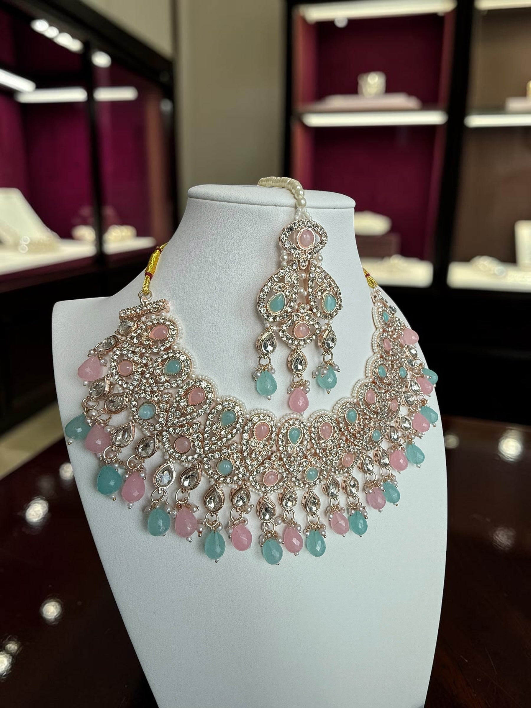Pastel Pink & Aqua Kundan Bridal Jewelry Set with Earrings and Maang Tikka | Rose Gold Indian Pakistani Afghan Wedding Necklace | Gift Box Included 6051