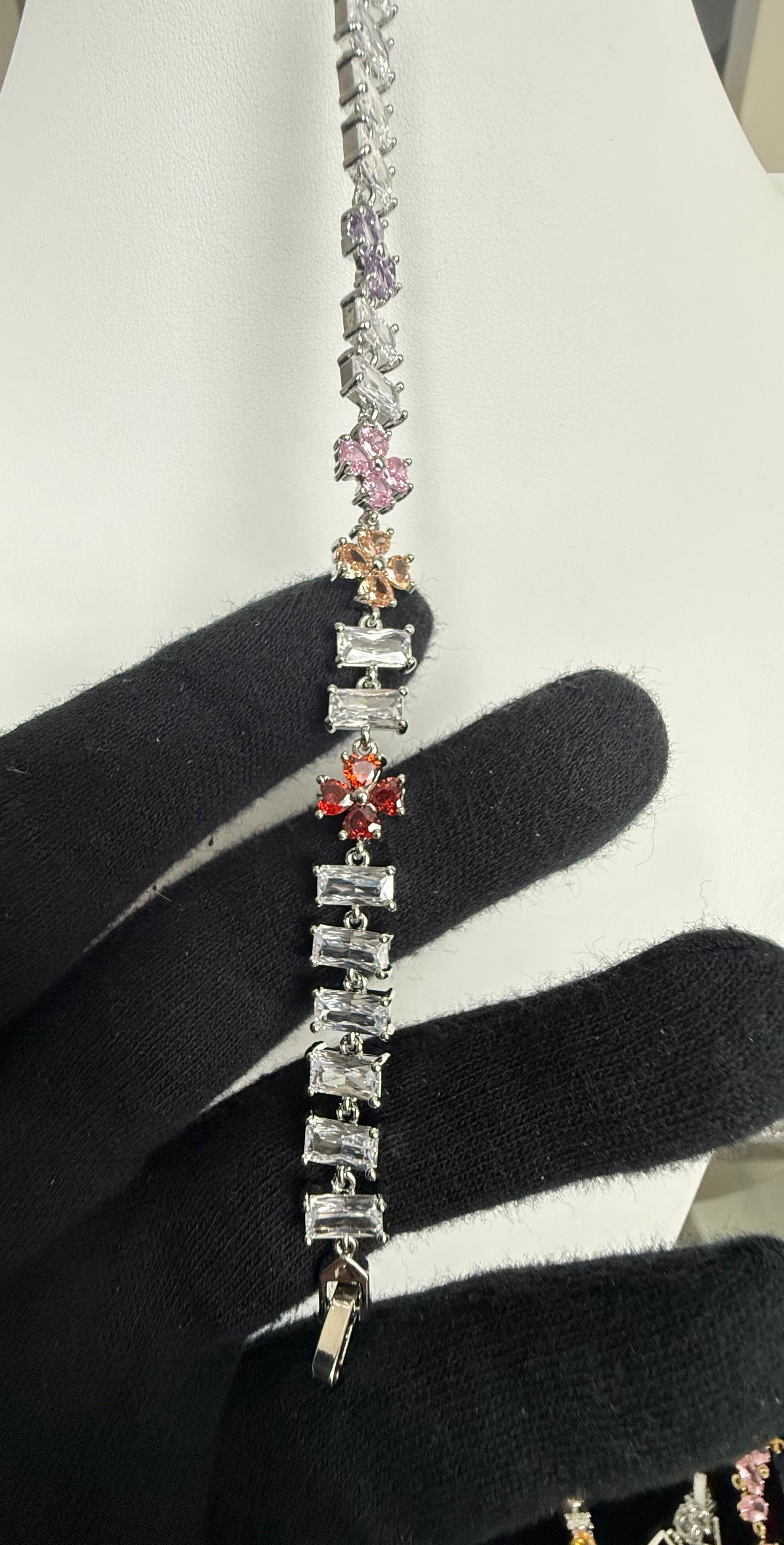 Multicolor Floral Baguette Crystal Link Bracelet – Silver Tone Flower Bracelet 7144