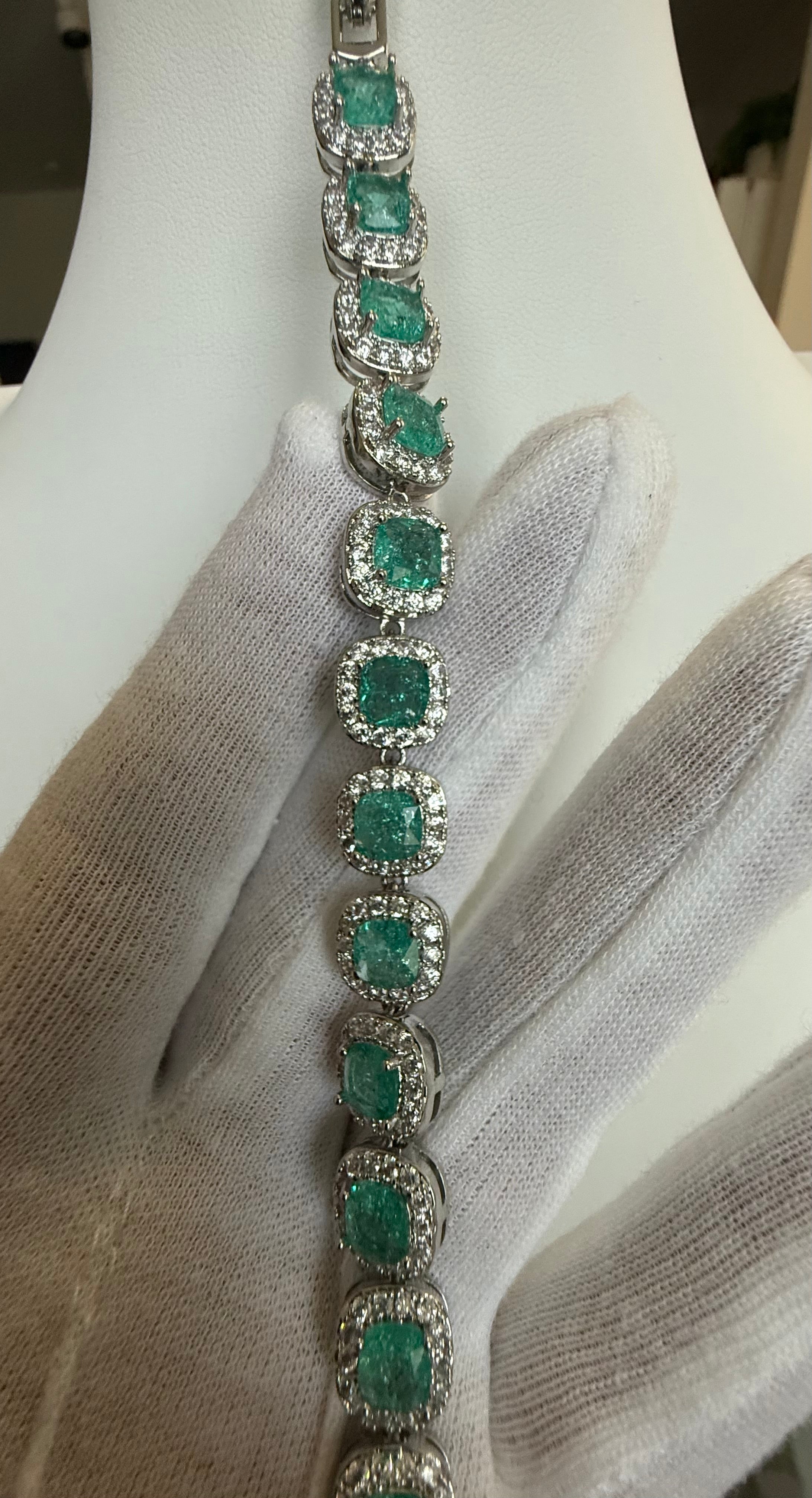 Aqua Green Cushion Cut Halo Crystal Tennis Bracelet – Silver Tone Statement Jewelry 7112