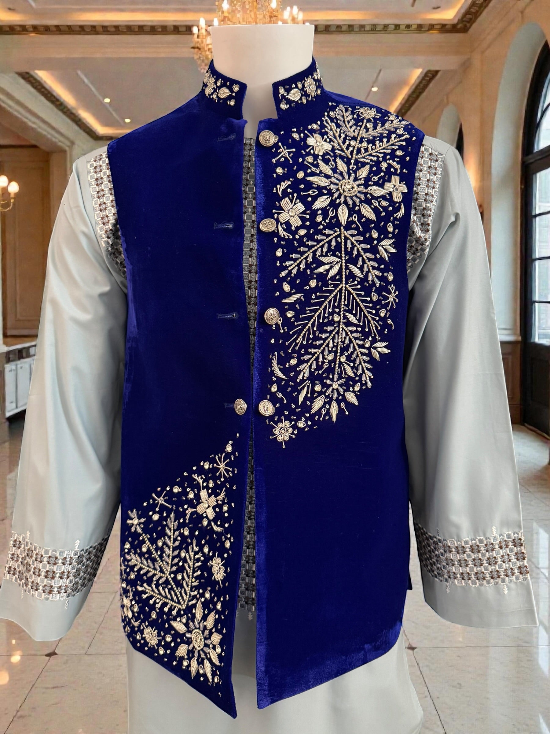 Men’s Medium Royal Blue Velvet Vestcoat – Luxury Silver Hand Embroidery | Wedding & Eid Waistcoat Medium