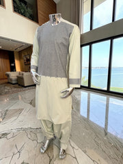 Medium Men’s Pistachio Green Perahan o Tunban with Charcoal Machine Embroidery – Traditional Afghan Outfit