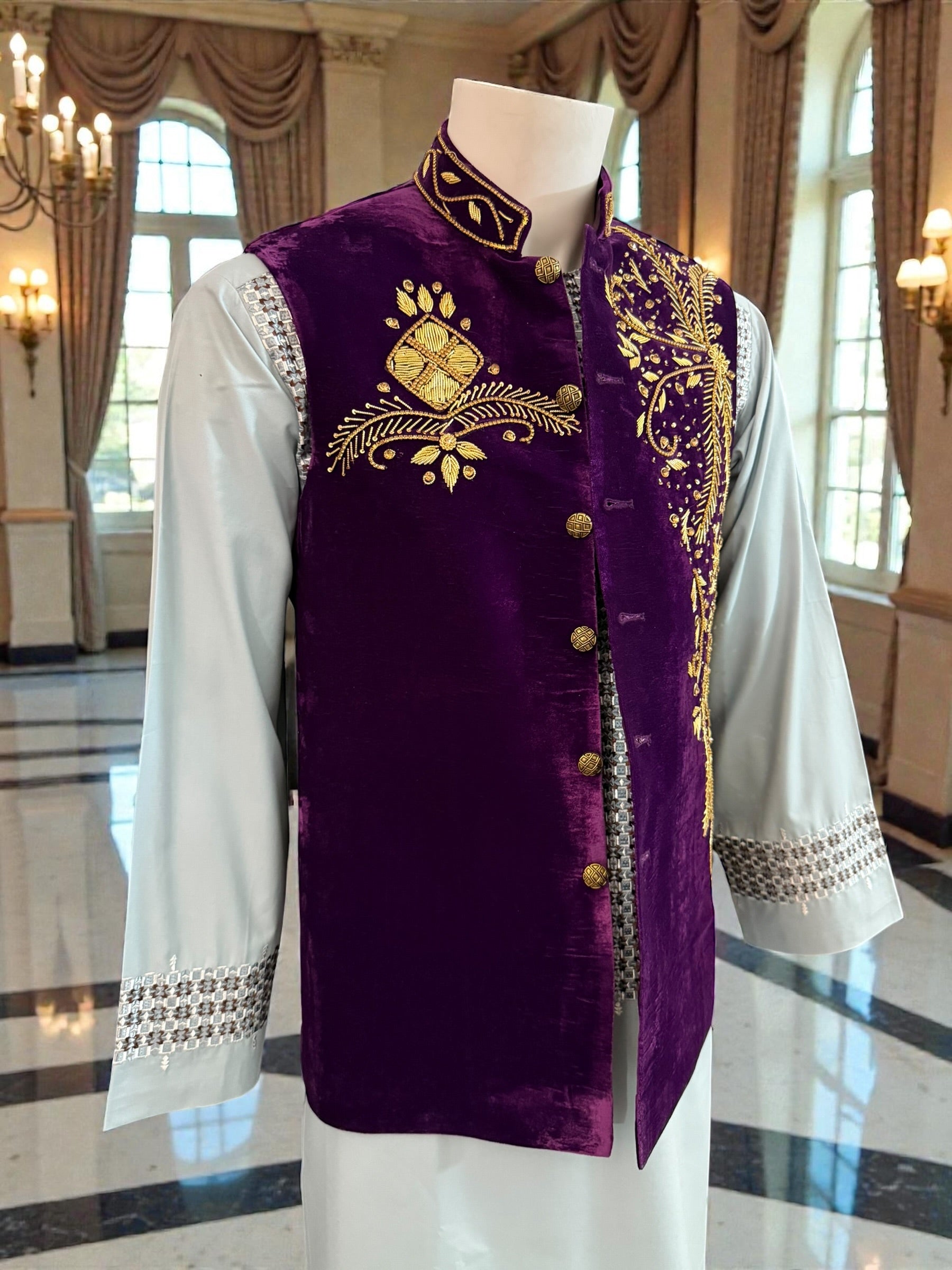 Medium Purple Velvet Men’s Waistcoat – Heavy Handmade Zari & Dabka Embroidery | Luxury Wedding waistcoat