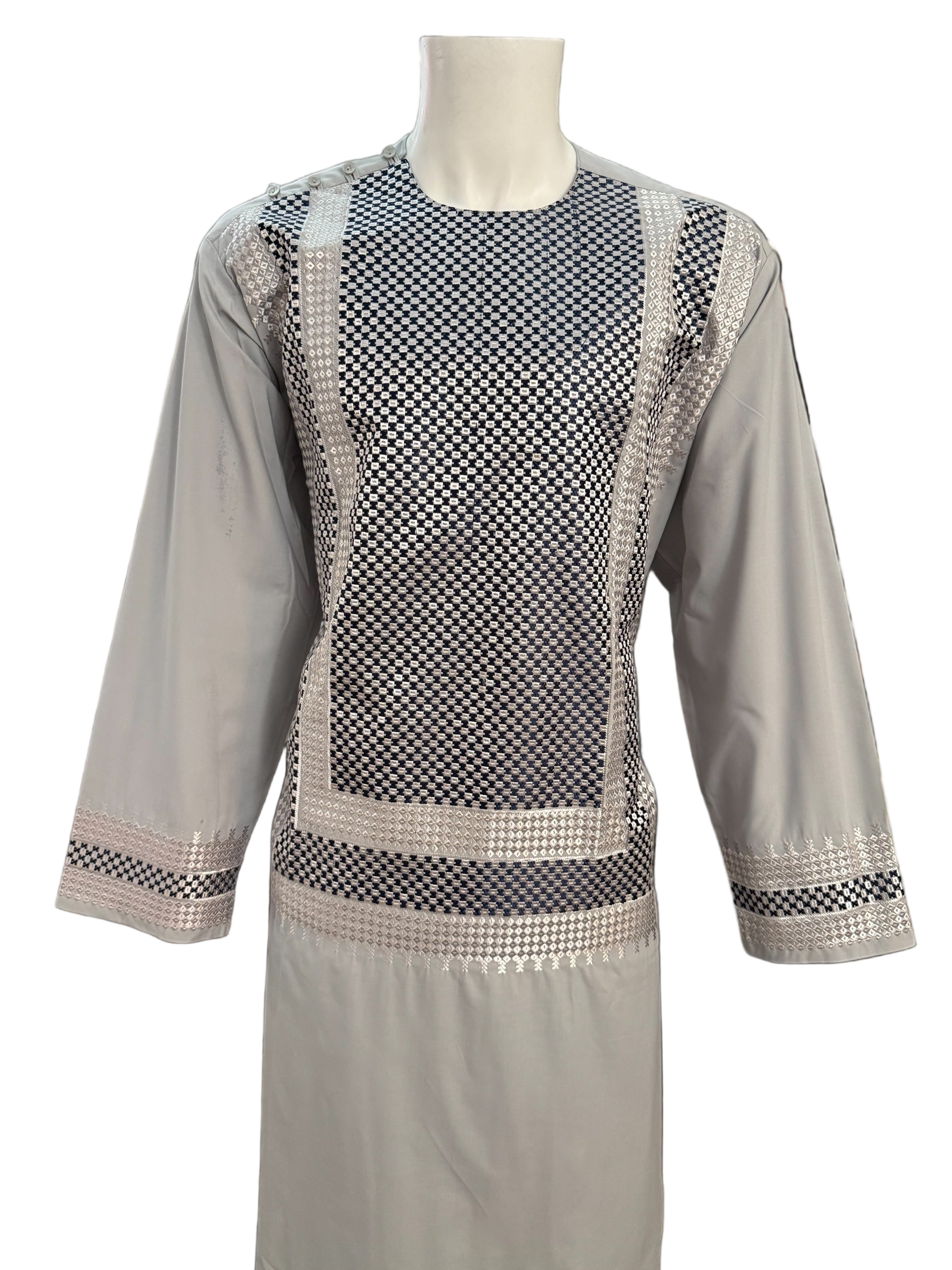 Men’s Gray Kameez with Black and Silver Machine Embroidery – XXL | Luqmaan Boutique