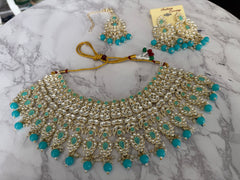 Luxury Silver Tone Kundan Choker Necklace Set with Earrings & Maang Tikka – Turquoise Blue Bridal Jewelry for Indian, Pakistani & Afghan Women 025