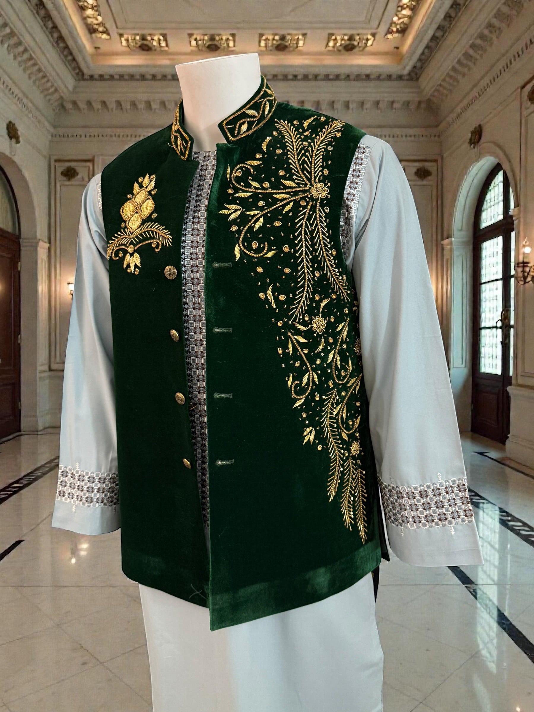 Handmade Velvet Waistcoat with Gold Somma BorrBorr Embroidery – Medium to Large