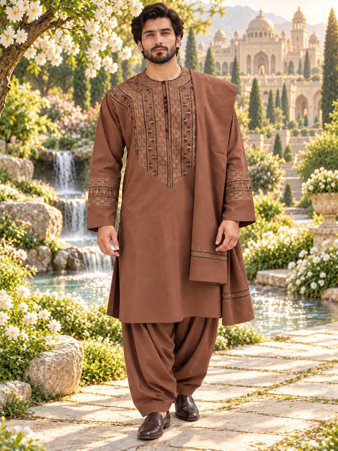 Men’s Chocolate Brown Embroidered Afghan Parahan Tunban with Matching Shawl Handmade