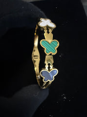 Gold Tone Stainless Steel Butterfly Bangle Bracelet in Black, Green & White 8061
