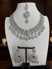Luxury Silver Tone Blush Pink Crystal Bridal Jewelry Set | Statement Necklace, Earrings & Maang Tikka | Wedding Jewelry with Black Gift Box 6029