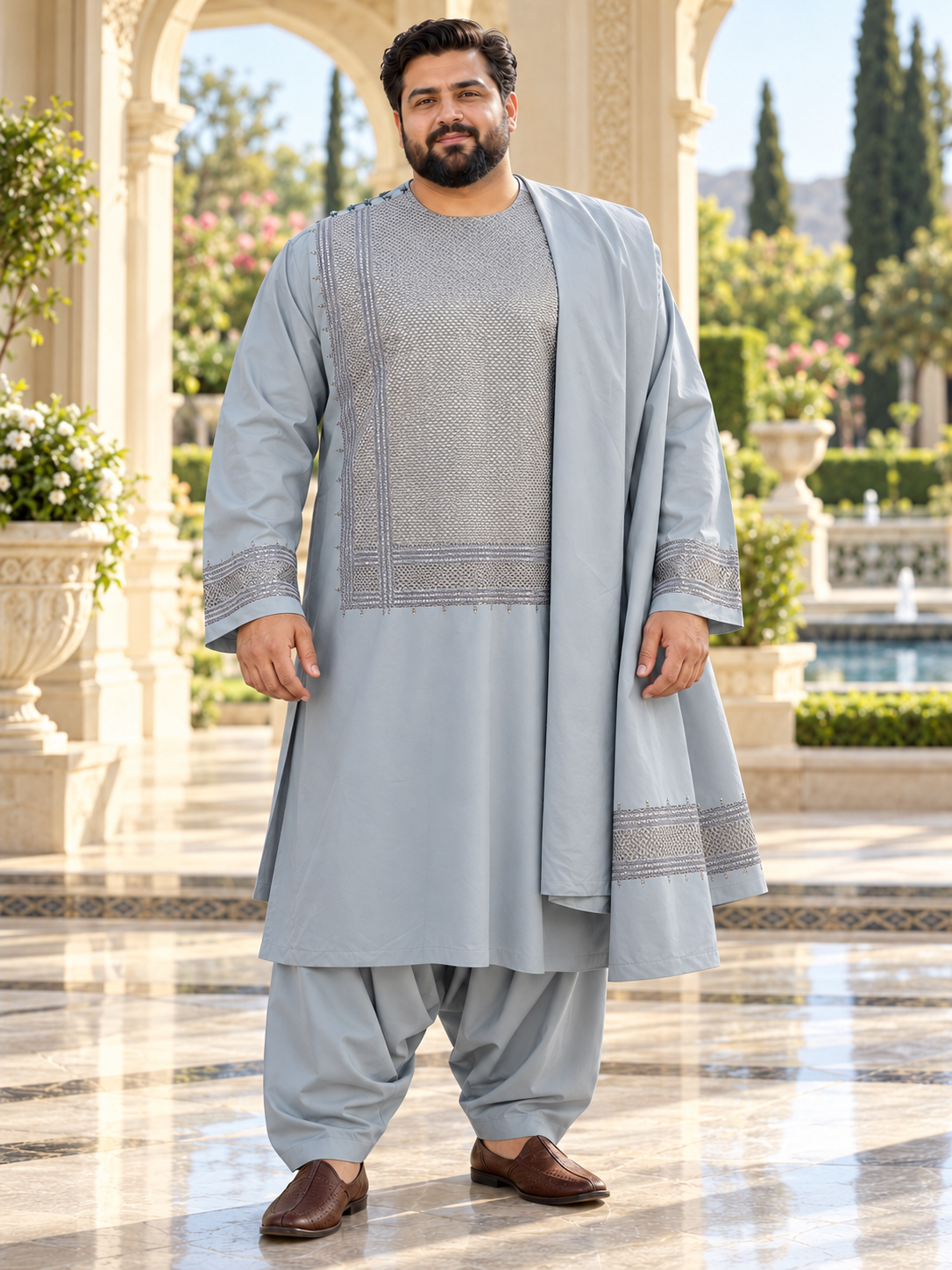 Men’s Blue Gray Embroidered Afghan Parahan Tunban with Matching Shawl – XXL