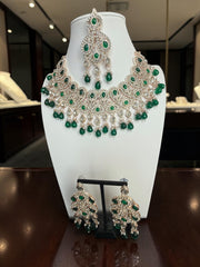 Emerald Green Kundan Bridal Jewelry Set with Earrings & Maang Tikka | Rose Gold Indian Pakistani Afghan Wedding Necklace | Jewelry Gift Box Included 6046