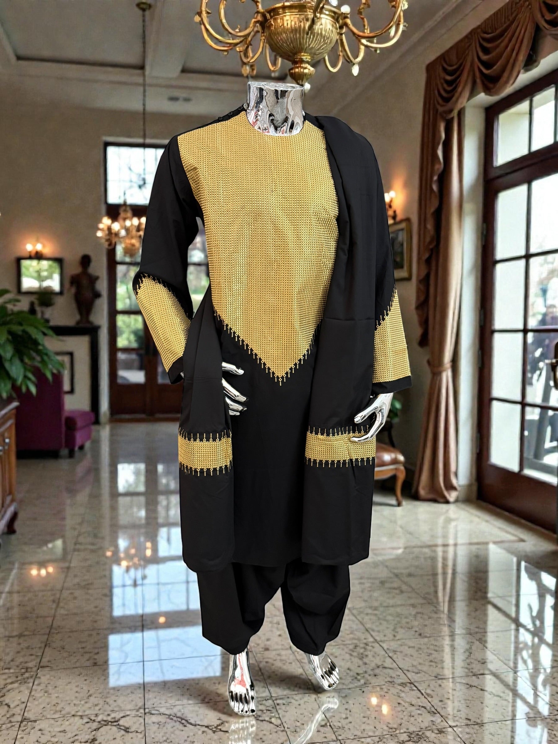 Men’s Black Parahan Tumban with Gold Embroidery & Matching Shawl | Afghan Traditional Outfit Large to X-Large