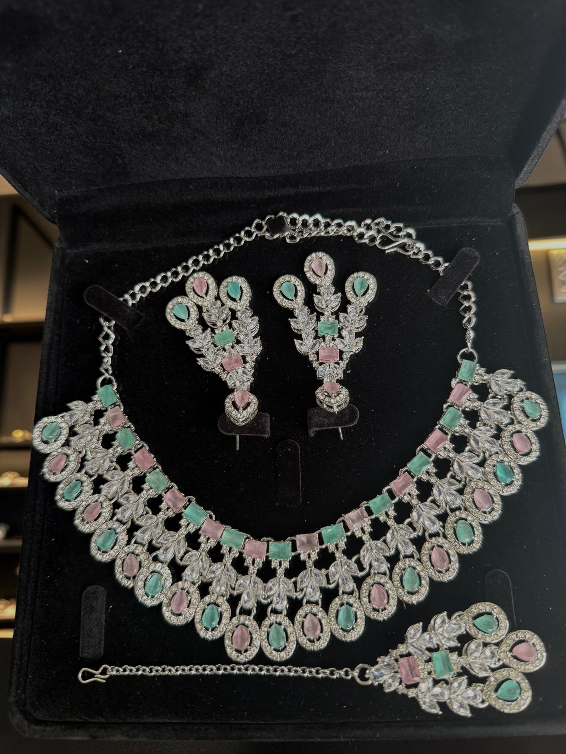 Luxury Pastel Pink & Mint American Diamond Bridal Jewelry Set with Maang Tikka | Premium Brass Statement Necklace & Earrings Gift Box Included 6033