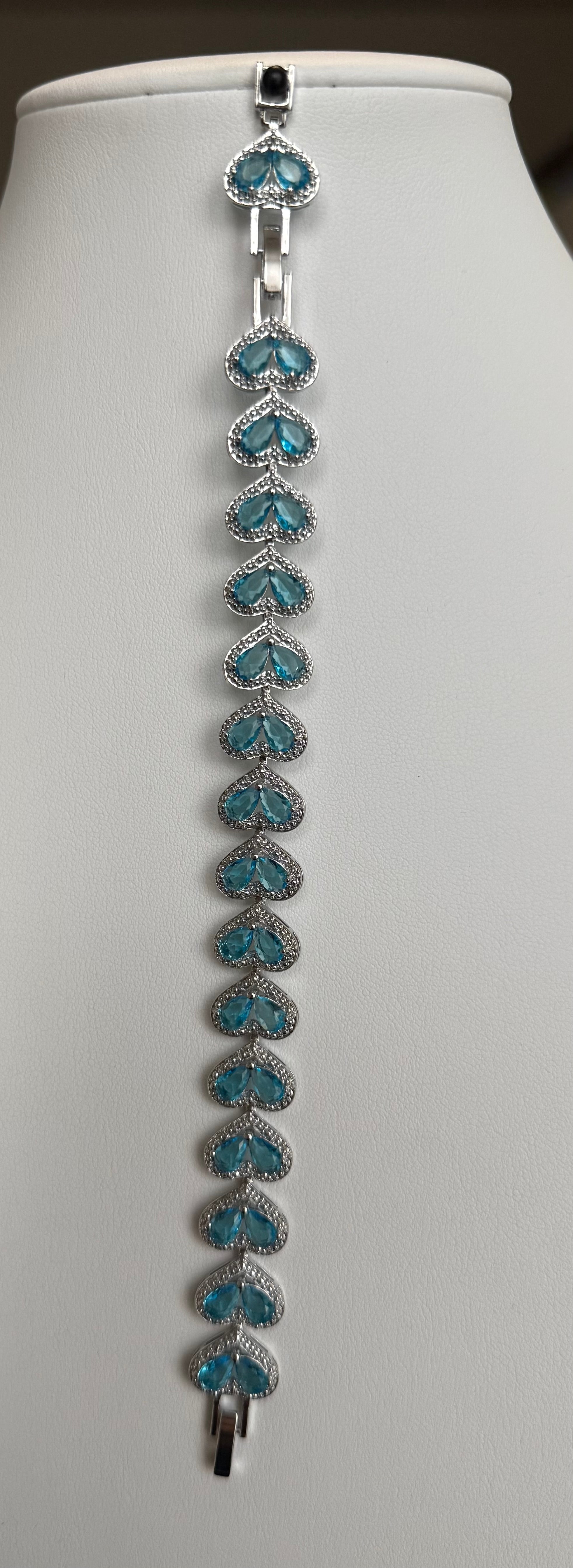 Aqua Blue Crystal Heart Bracelet – Silver Tone Sparkling Heart Link Bracelet, Gift Ready 7079