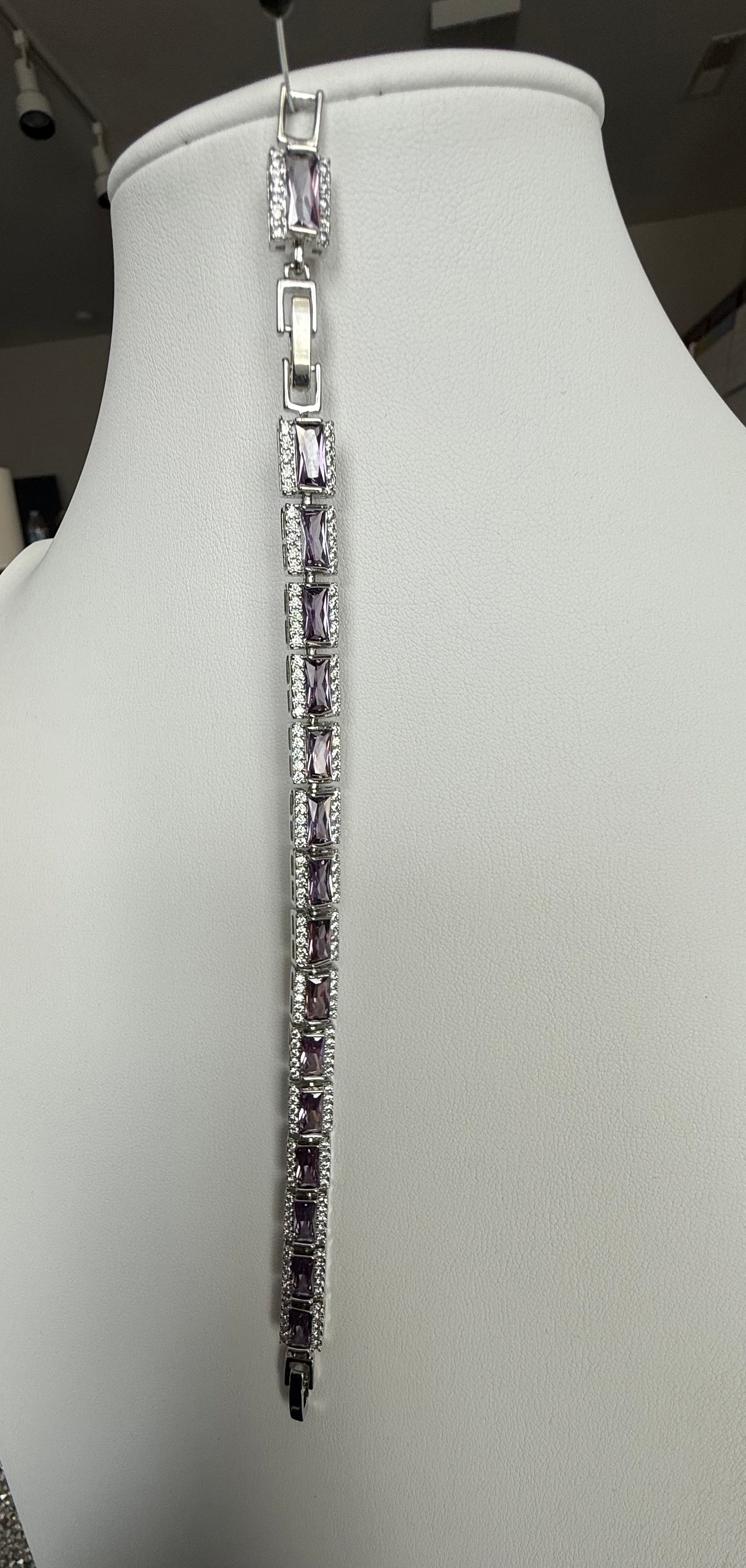 Lavender Emerald-Cut Crystal Halo Bracelet – Silver Tone Statement Jewelry 7089