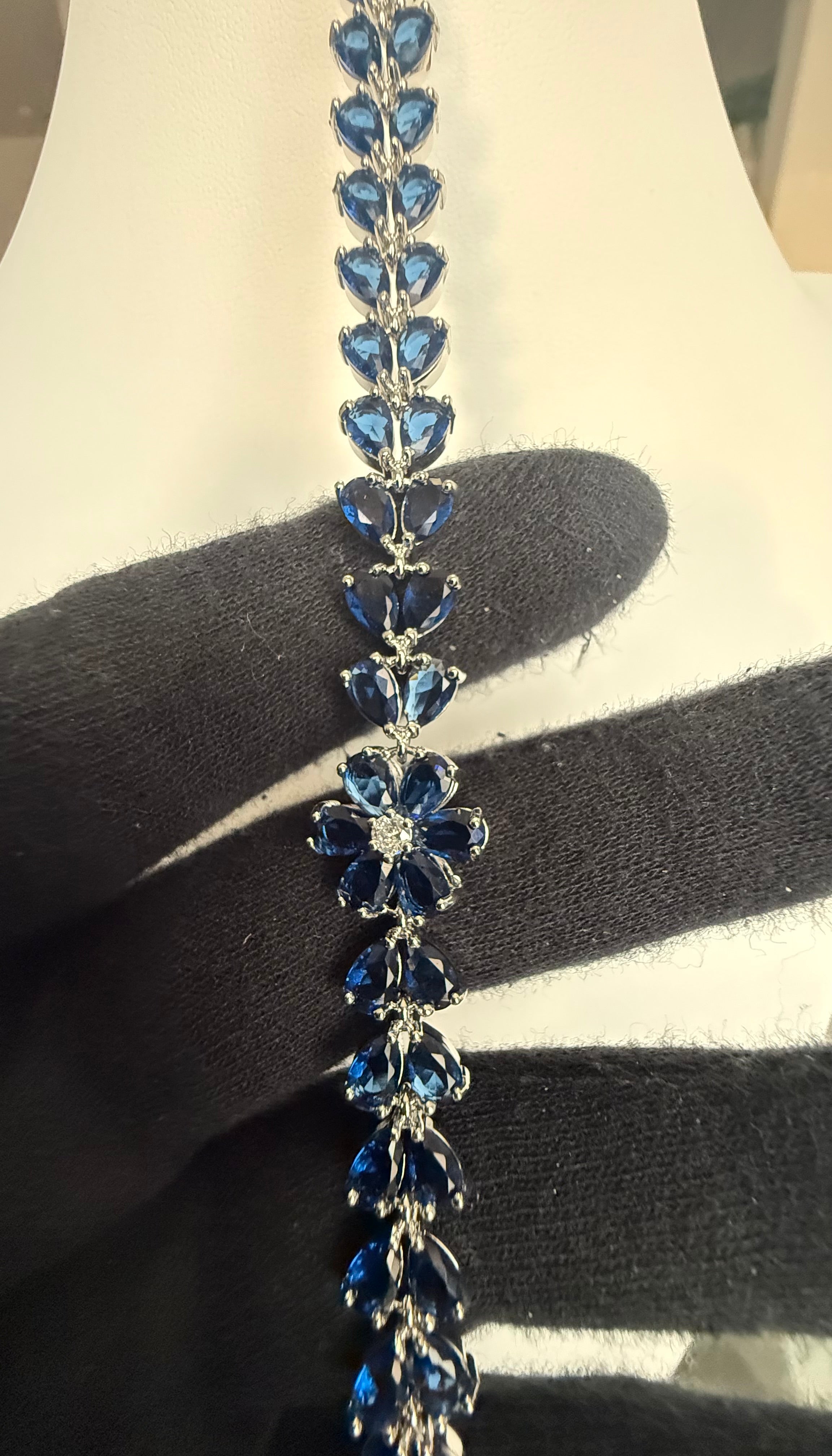 Sapphire Blue Crystal Floral Tennis Bracelet – Silver-Tone Pear Cut Flower Bracelet for Women 7131