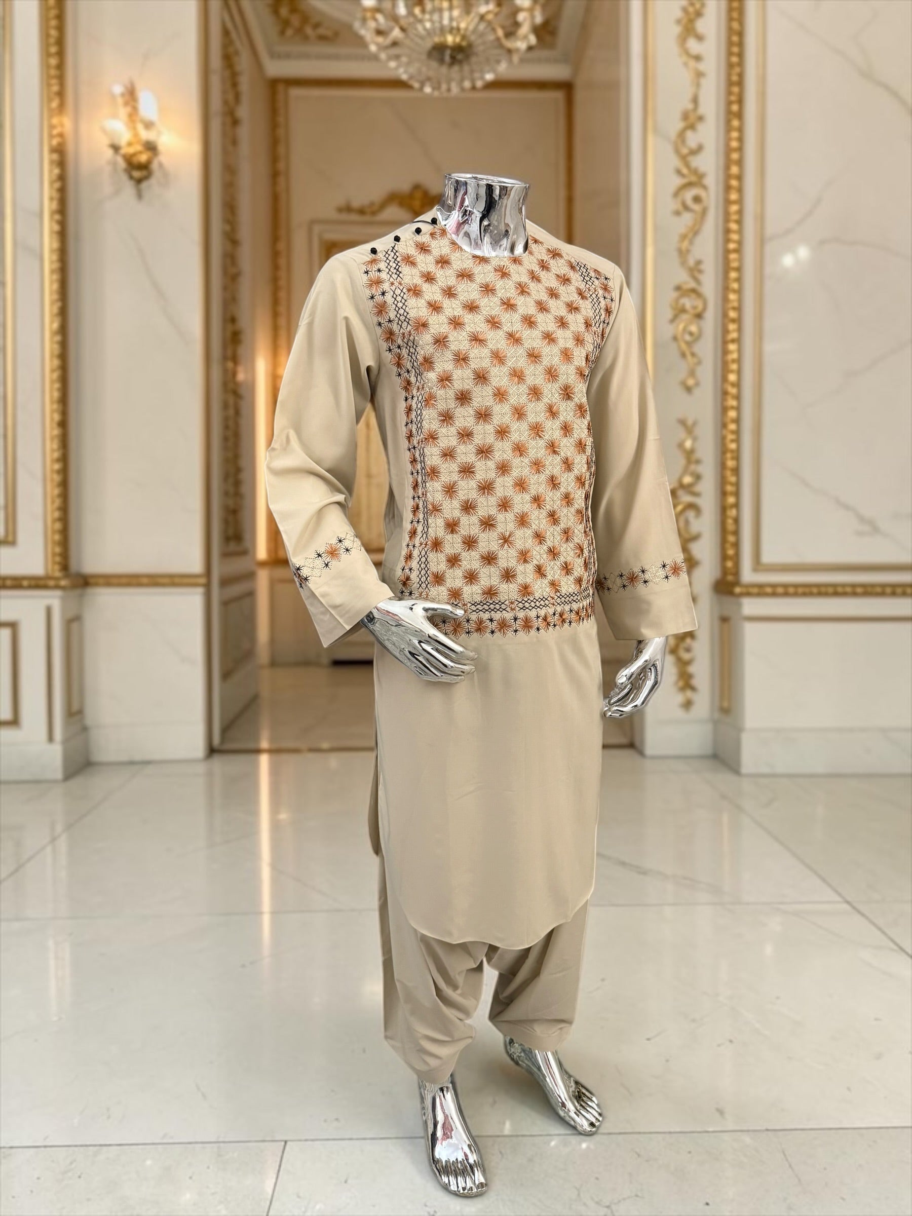 Men’s Cream Hand-Embroidered Afghan Parahan Tunban with Shawl – 3-Piece Set 5023