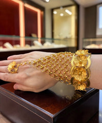 24K Gold-Plated Floral Hathphool Hand Jewelry – Bracelet Ring Chain Set for Women 6094