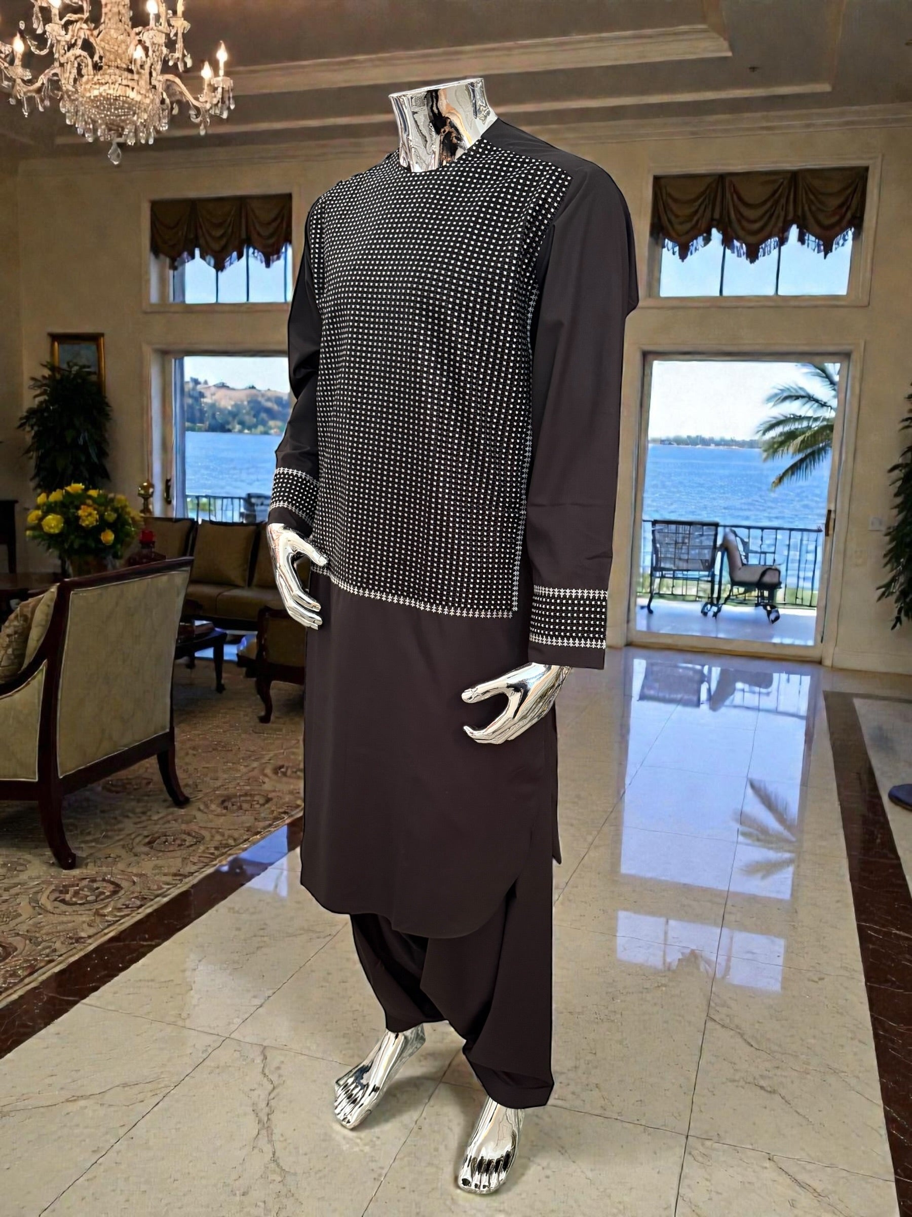 Men’s Dark Grey Parahan Tumban with White Embroidery – Afghan Traditional Outfit (Medium)