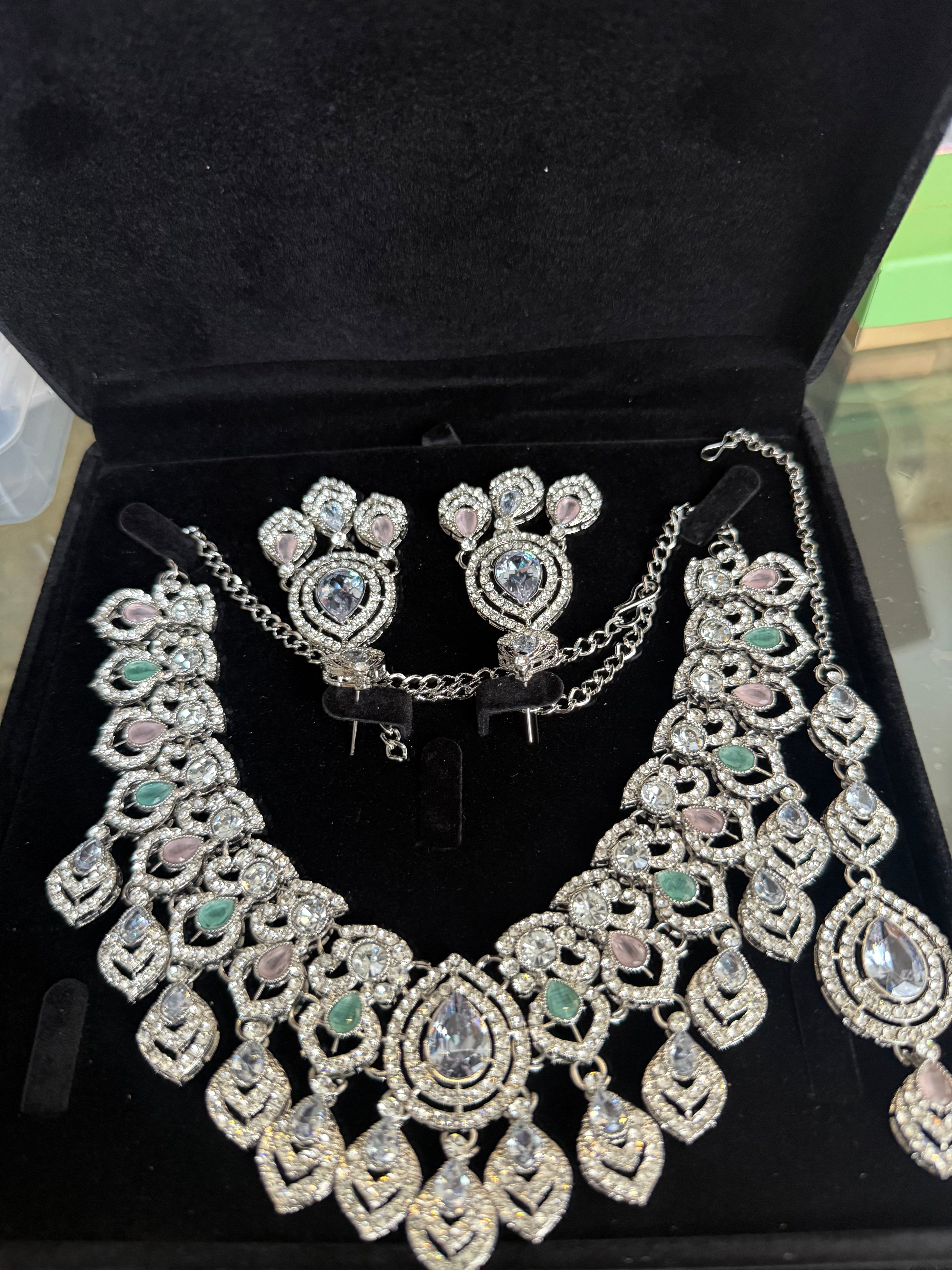 Silver Tone Pastel Crystal Bridal Necklace Set with Earrings & Maang Tikka | Indian Pakistani Afghan Wedding Jewelry | Gift Box Included 6026-2