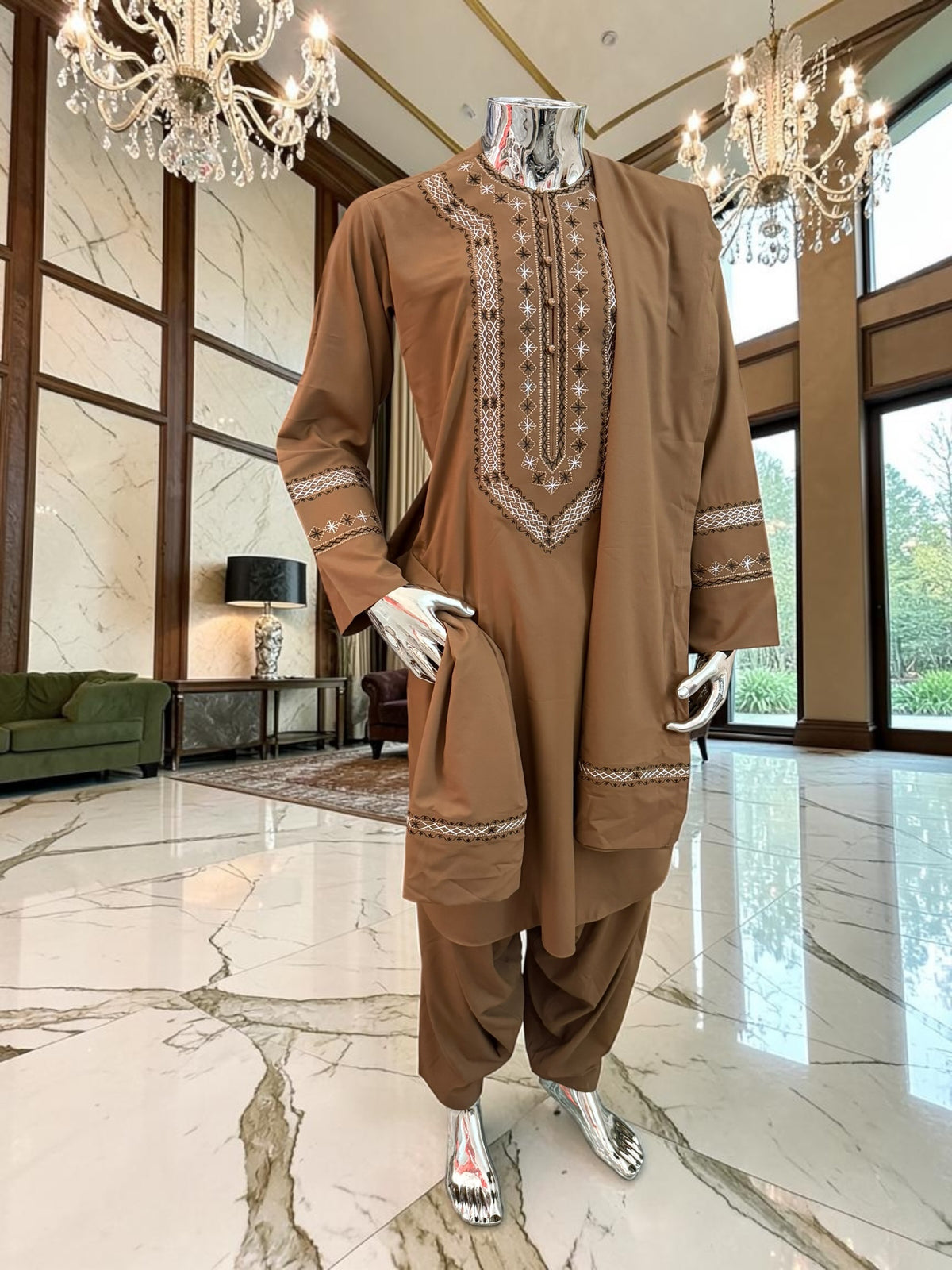 Medium Men’s Mocha Brown Hand Embroidered Afghan Parahan Tunban Set with Matching Shawl