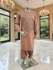 Small Men’s Tan Parahan Tumban with White & Tan Embroidery Afghan Kameese shalwar