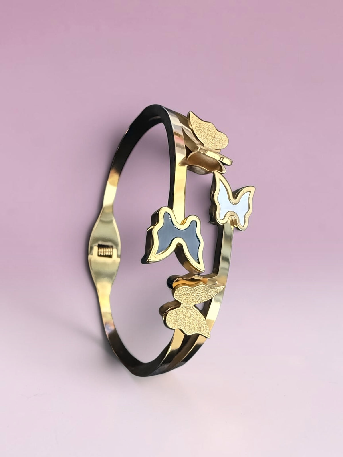 Gold-Tone Black and White Butterfly Stretch-Open Bangle Bracelet 8057