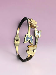 Gold-Tone Black and White Butterfly Stretch-Open Bangle Bracelet 8057
