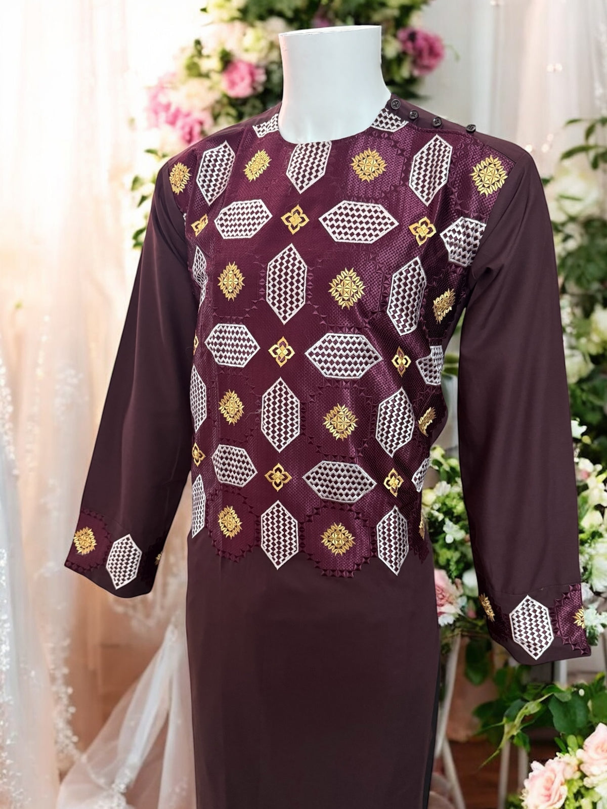Afghan Parahan Tunban with Machine Khamakdozi Embroidery – Deep Maroon Gold White – Medium