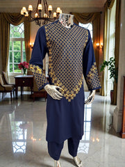 Men’s Navy Blue Kameez – Navy with Gold Machine Embroidery | XL Size Afghan Traditional Wear
