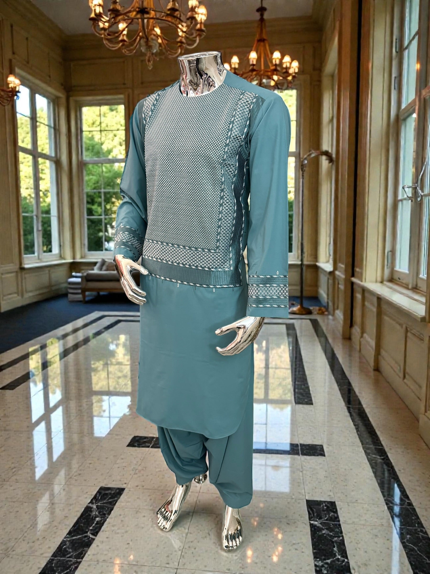 Men’s Teal Kameez with White and Teal Machine Embroidery – Medium Size | Premium Afghan Traditional Wear