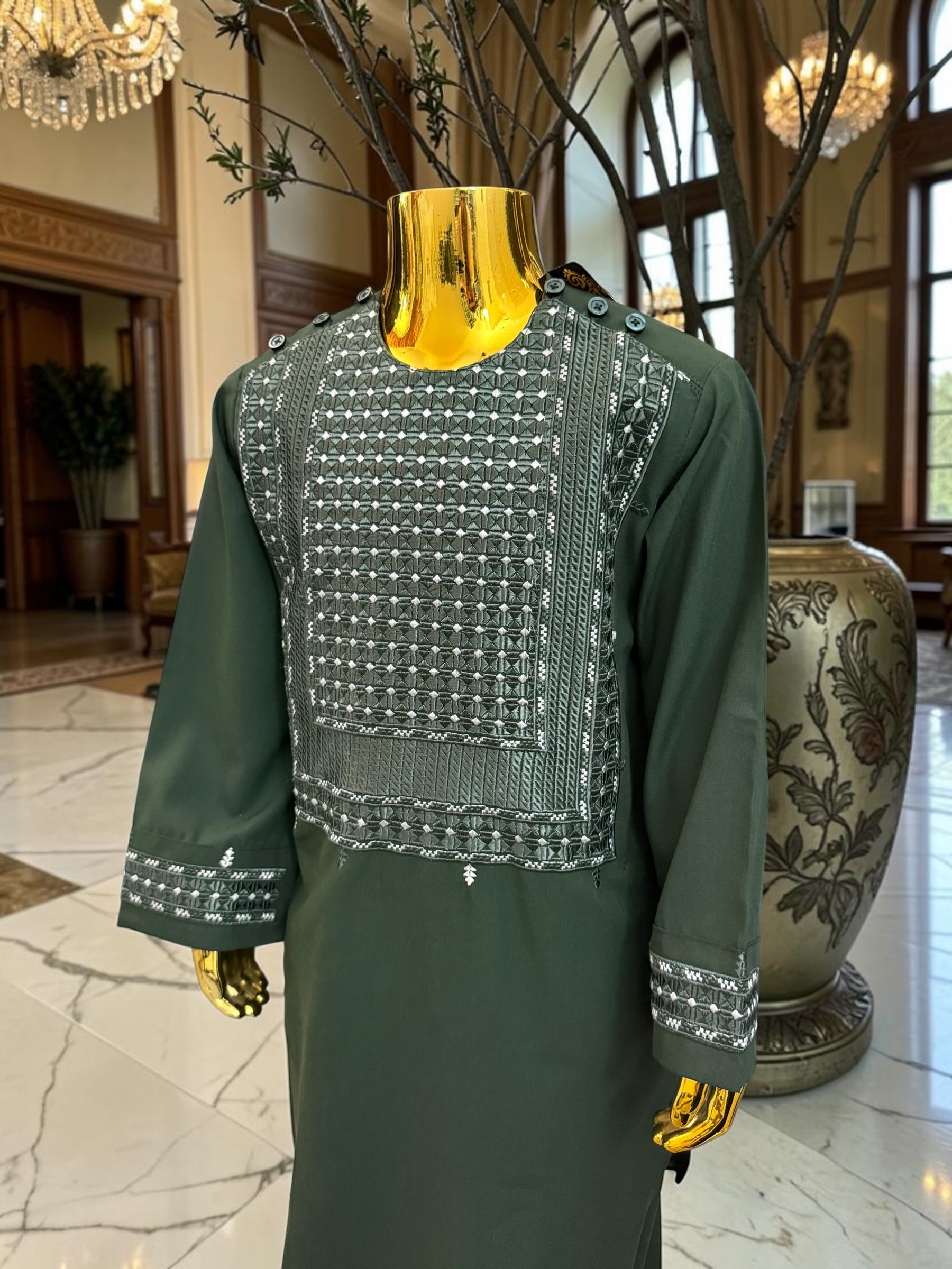Traditional Afghan Clothing for Boys – Forest Green Embroidered Set Design 23