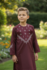 9 Years old Maroon Afghan Parahan Tumban for Boys, Matching White Machine Embroidery