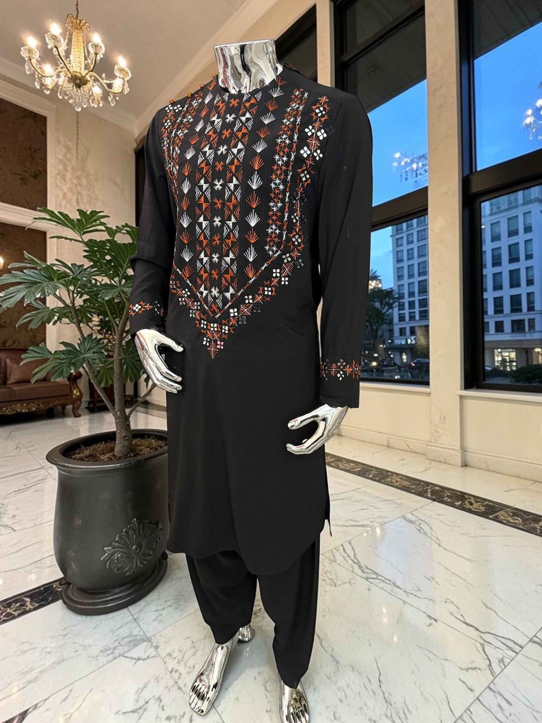 Large Black Afghan Parahan Tunban with Mirror Work – Premium Embroidered Men’s Traditional Outfit with Chadder/patto