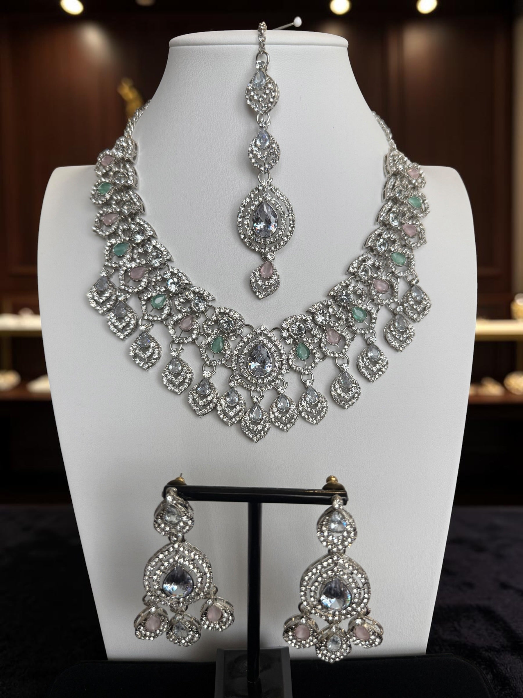 American Diamond Necklace Set with Crystal Earrings & Maang Tikka – Silver Tone 6026-2