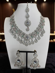 American Diamond Necklace Set with Crystal Earrings & Maang Tikka – Silver Tone 6026-2