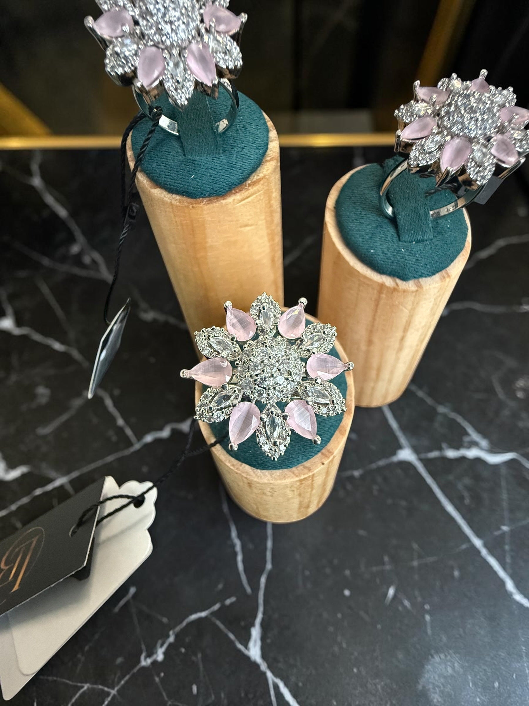 American Diamond Floral Statement Ring – Adjustable Pear-Cut Crystal Cocktail Ring, 7 Colors, Gift Box Included