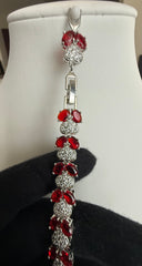 Ruby Red Crystal Heart Link Bracelet – Silver Tone Sparkling Statement Jewelry 7102