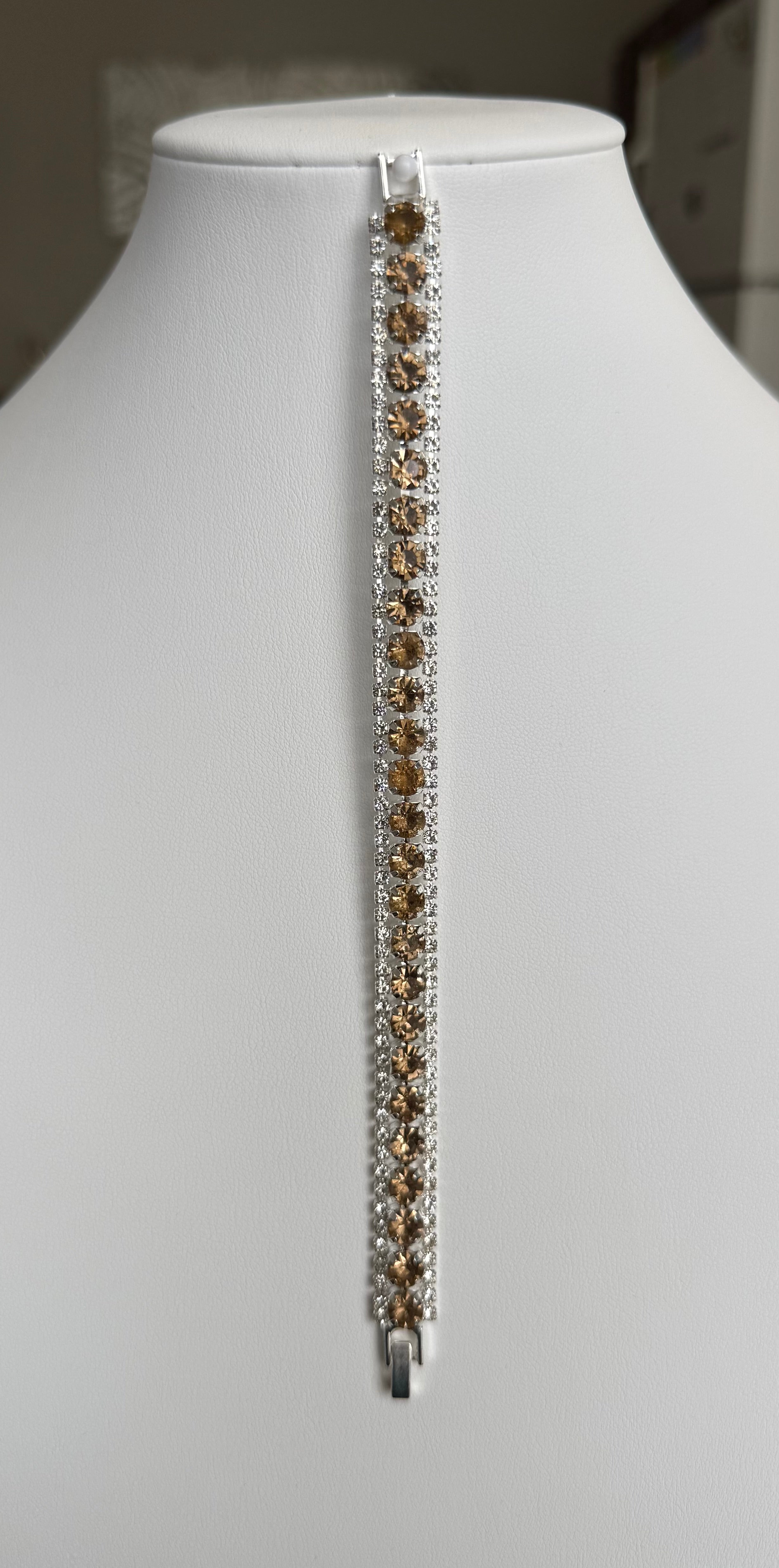 Champagne Crystal Double Row Tennis Bracelet – Silver Tone Statement Bracelet 7108