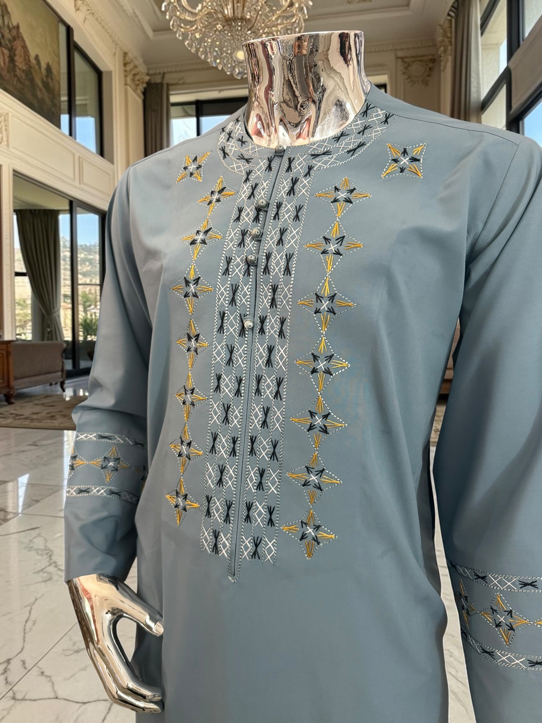 Men’s Gray Blue Embroidered Afghan Parahan Tunban with Shawl Small and Large Available