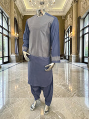 Small Afghan Parahan Tunban Kameese Shalwar Slate Blue Silver Machine Embroidery