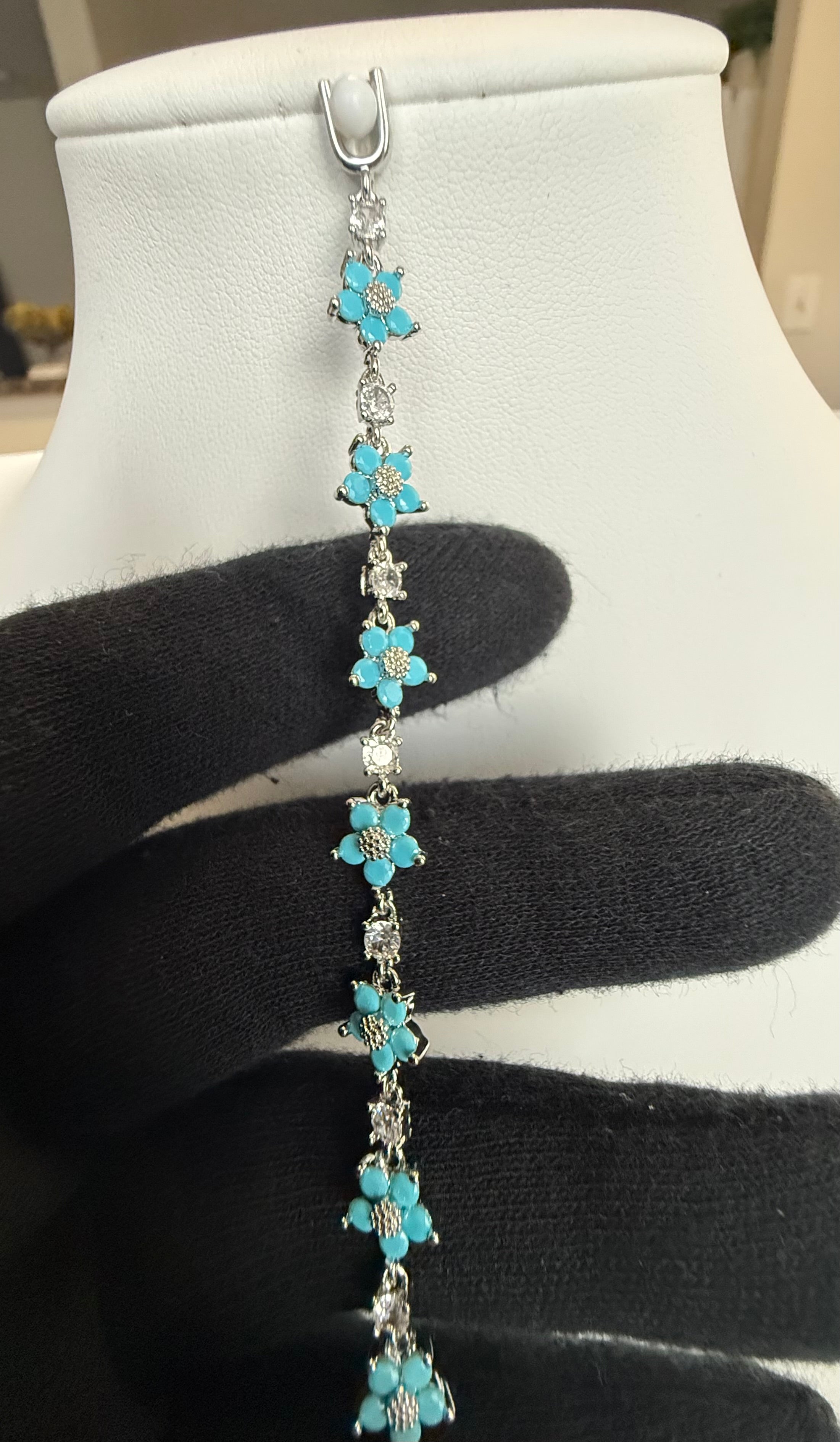 Turquoise Blue Floral Crystal Bracelet – Silver-Tone Daisy Flower Link Bracelet 7119