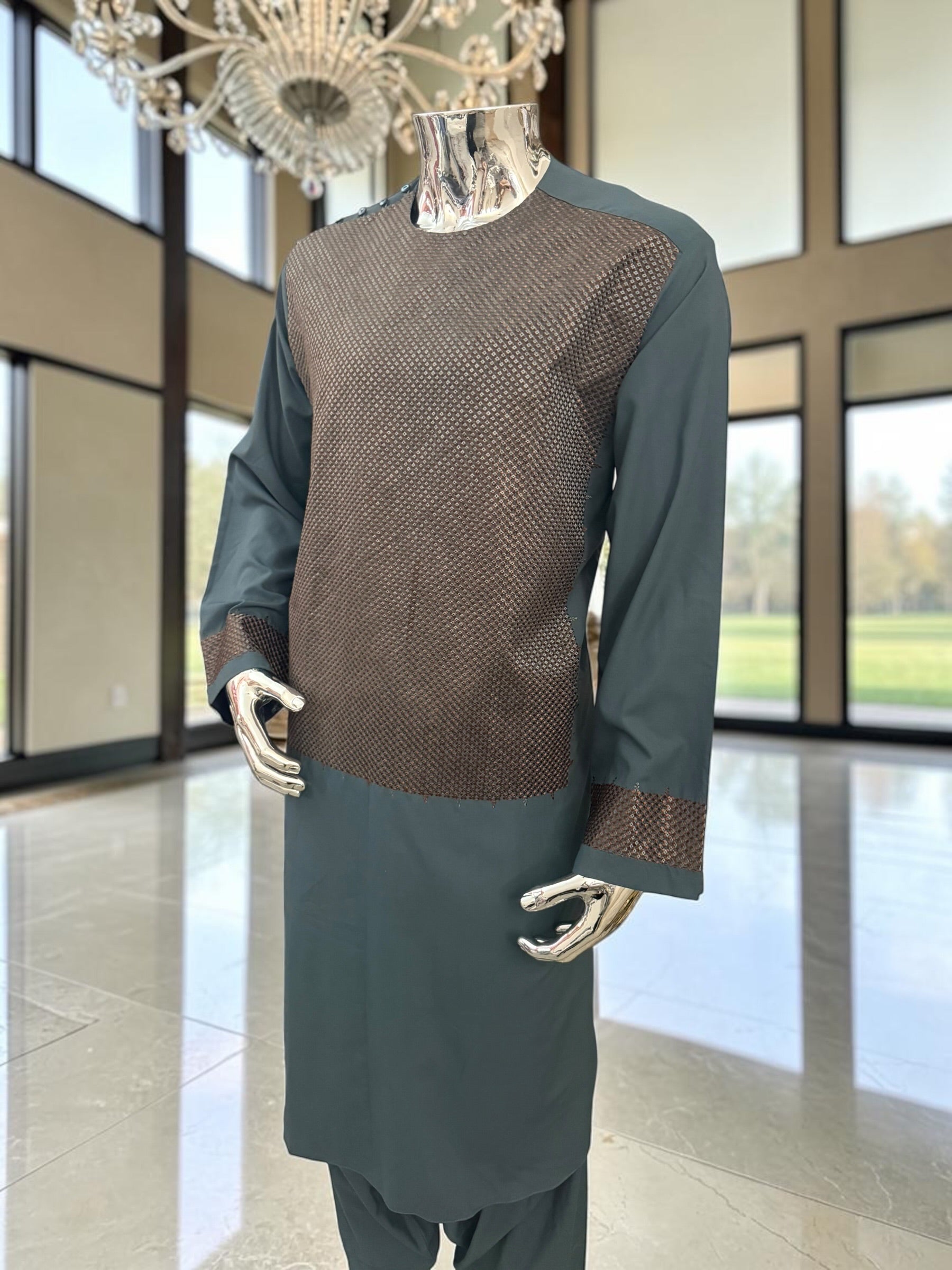 X-Large Men’s Slate Teal & Bronze Embroidered 3-Piece Parahan Tunban with Matching Tunban & Shawl | Afghan Traditional Outfit 7222