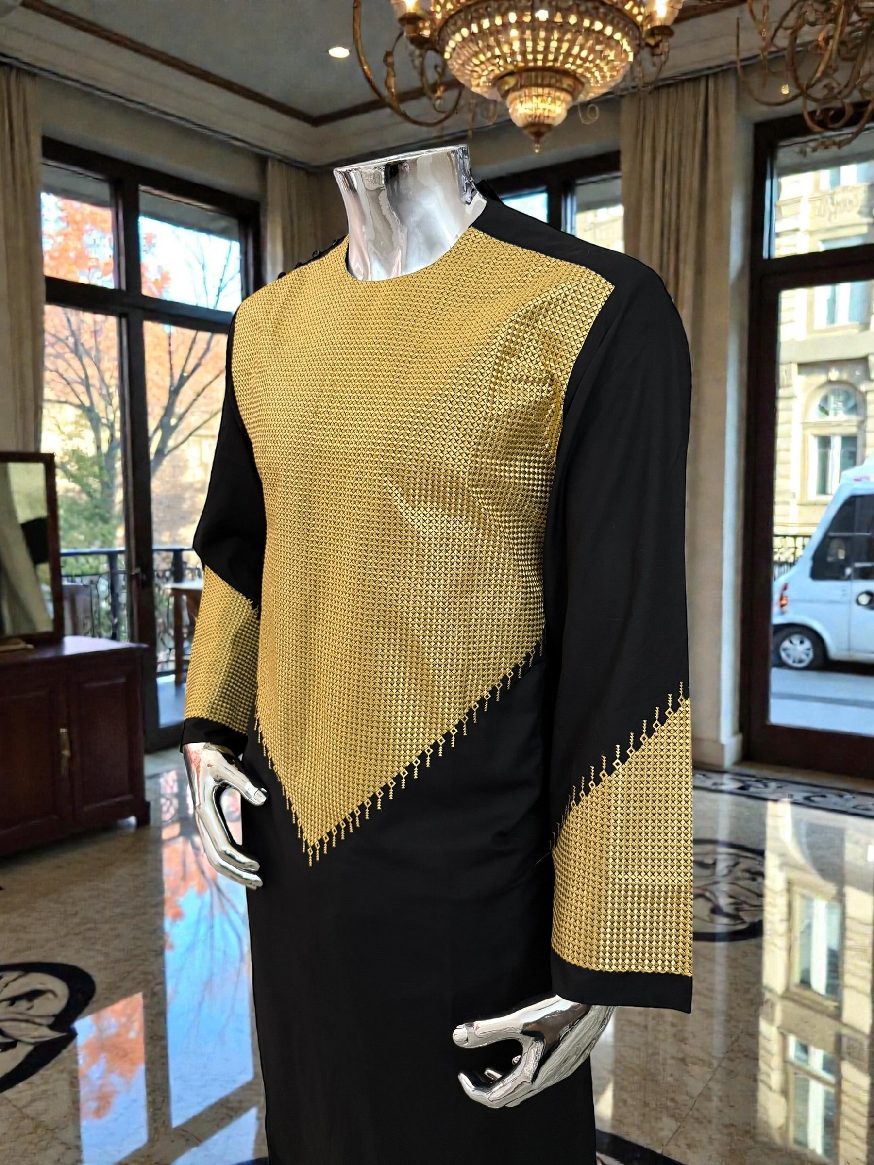 Men’s Black Parahan Tumban with Gold Embroidery & Matching Shawl | Afghan Traditional Outfit Large to X-Large